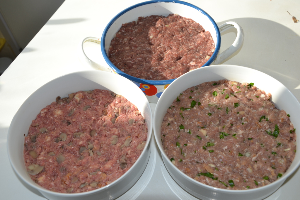 Pork beef and turkey meat patties